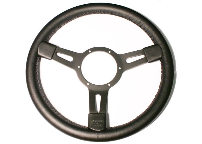 MINI & MOKE 14" MOUNTNEY STEERING WHEEL W/ BLACK CENTRE, BLACK LEATHER & BLACK STITCHING