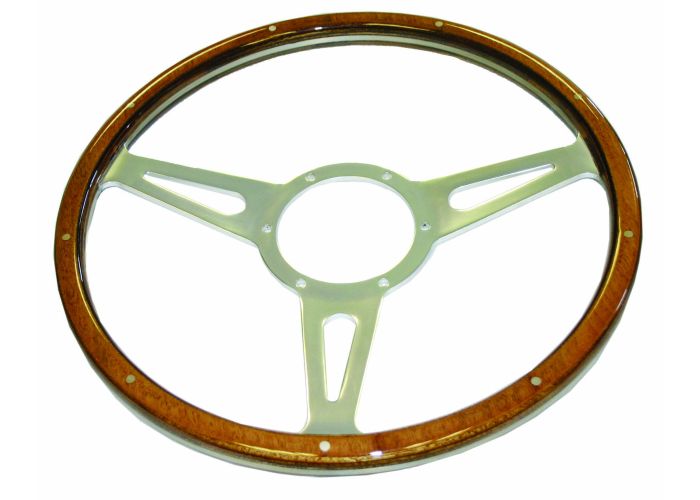 MINI & MOKE 14" MOUNTNEY STEERING WHEEL POLISHED SPOKES AND LIGHT WOOD RIM