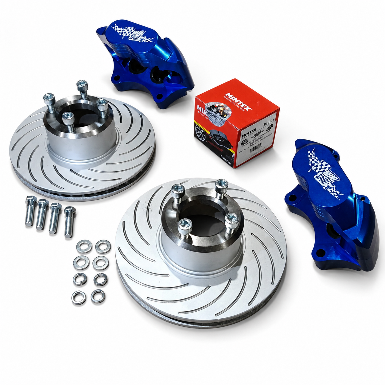MINI & MOKE 8.4" VENTED DISC BRAKE CONVERSION INC. BLUE 4 PISTON ALLOY CALIPERS - [MSLMS04BLUE]